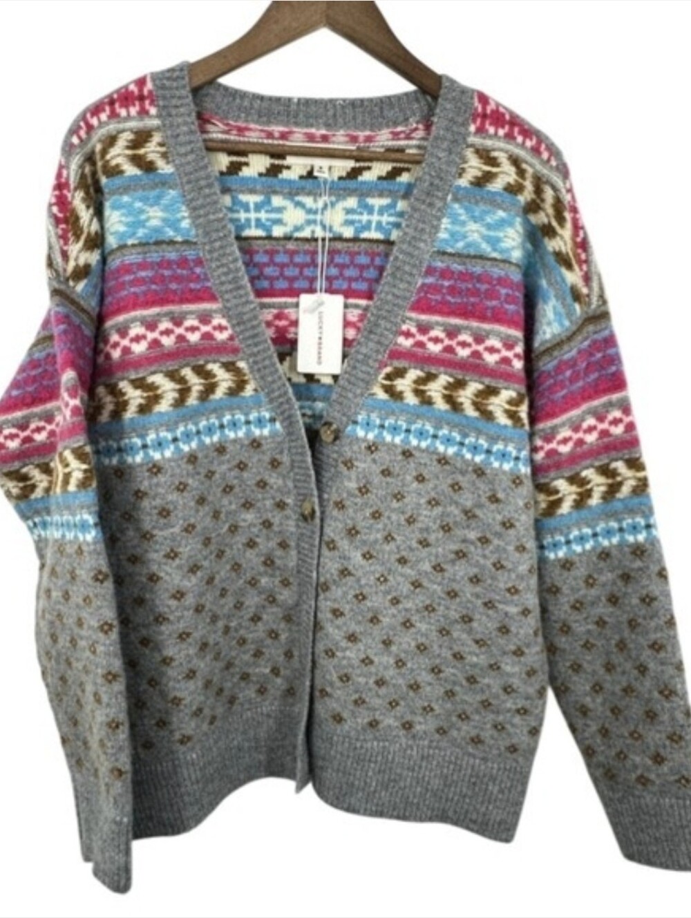 Lucky Brand Gray Pink Multi Aztec Fair Isle Look Cardigan Size Large